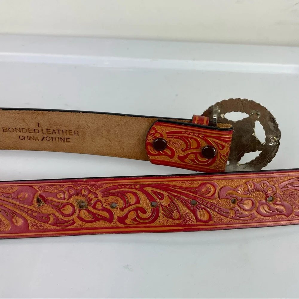 Western Embellished Star Bling Tooled Bonded Leather Belt Sz Large